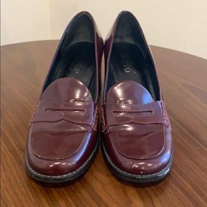 Maroon block heel loafers
